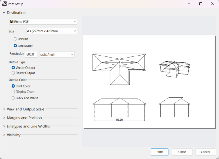 Setting for printing a technical drawing in Rhino