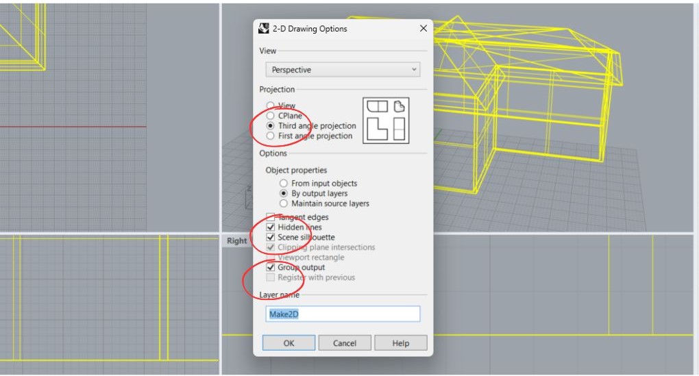 setting up the make2d setting in rhino to create a technical drawing